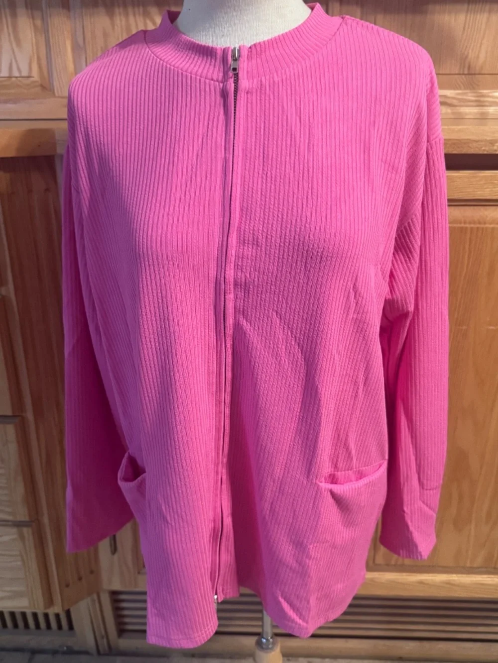 Women's Pink Ribbed Large Long Sleeve Zip Up Sweater With Pockets Classic Casual